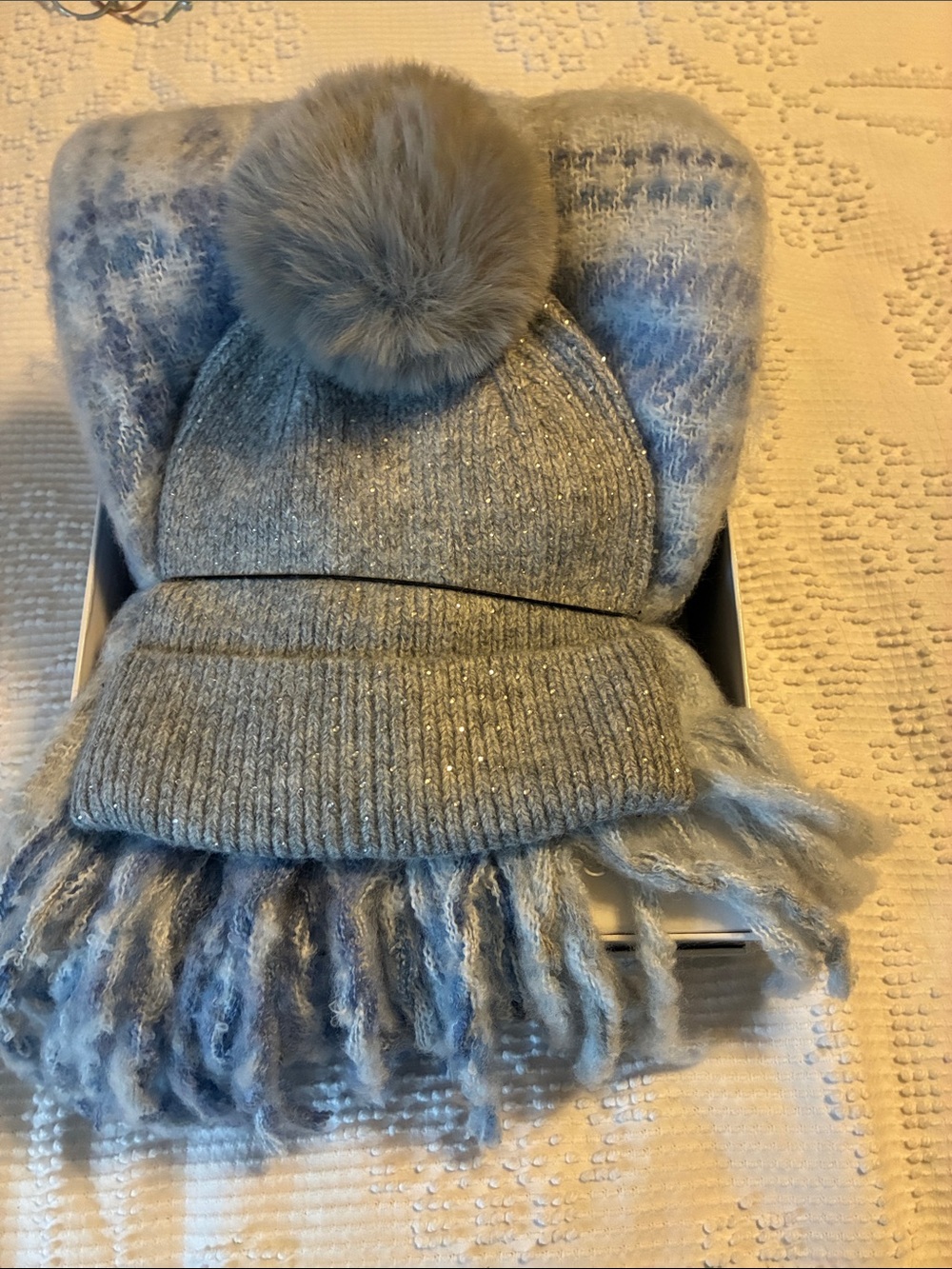 Madden Girl Gray Knit Beanie with Faux Fur Pom and Matching Fringe Scarf